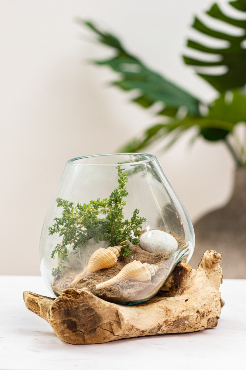 Teak aquarium Solo Water Drop – boho decor, handwoven and handmade in Bali