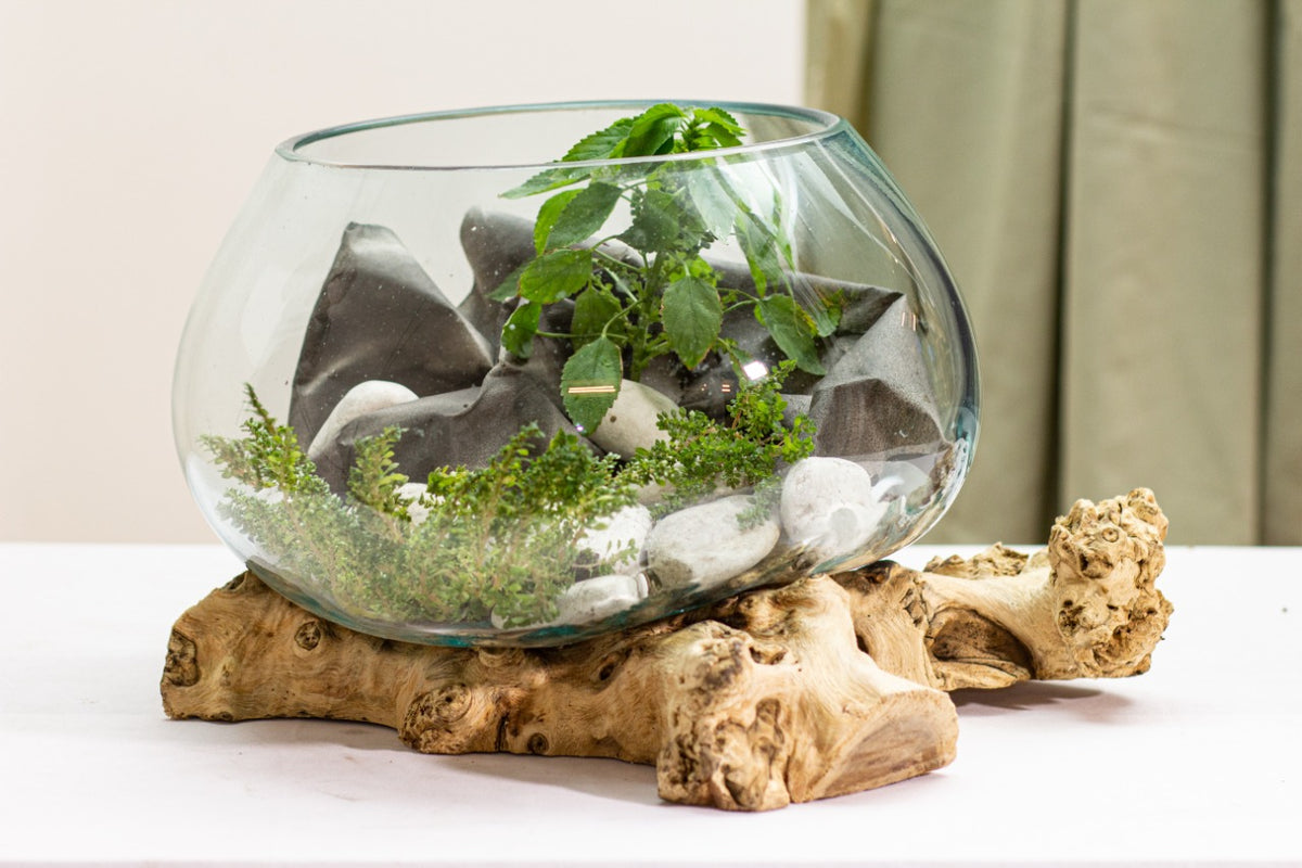 Reclaimed wood fish bowl Water Drop – boho decor, handwoven and handmade in Bali