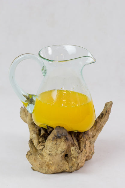 Teak vase Melting Glass Jug – boho decor, handwoven and handmade in Bali