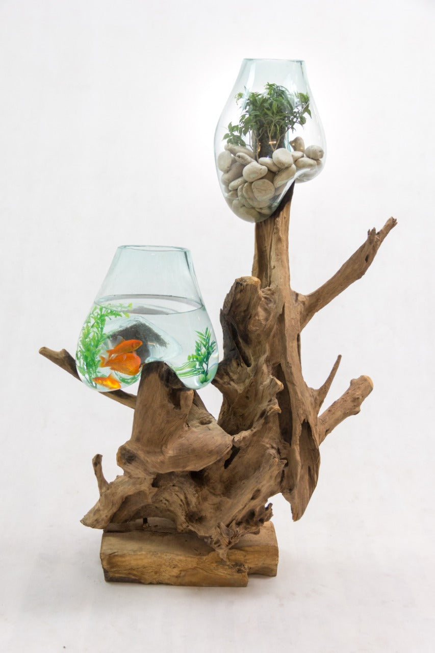 Handmade teak aquarium – the Water Drop, boho decor made in Bali