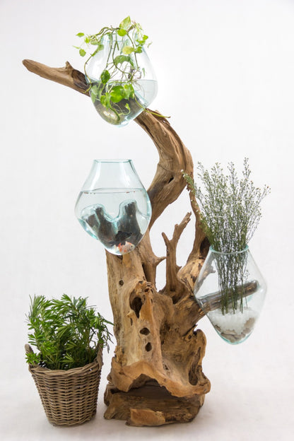 Teak aquarium Water Drop – boho decor, handwoven and handmade in Bali