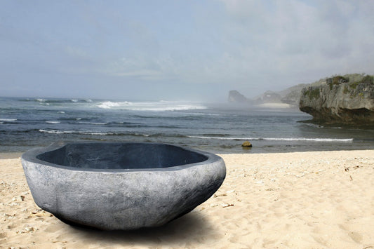 Boho stone bathtub Car, handcrafted in Bali for indoor and outdoor spaces
