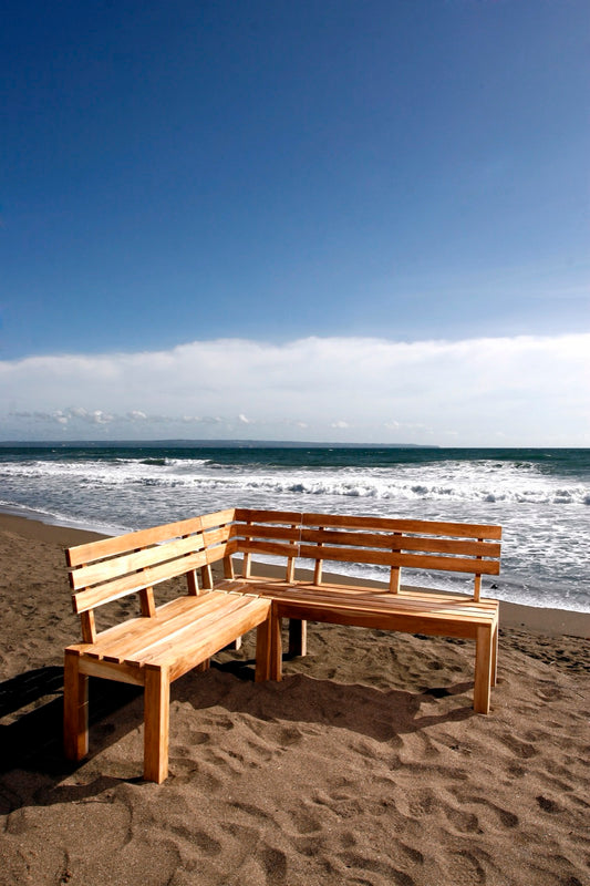 Boho solid teak bench Elverdissen Corner without cushion, set of 2, handcrafted in Bali