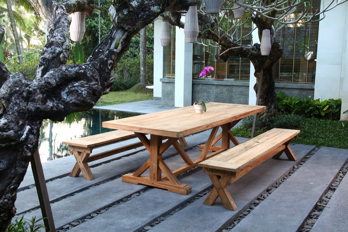 Recycled teak dining table Cross Leg – boho furniture handcrafted in Bali by BaliSouk