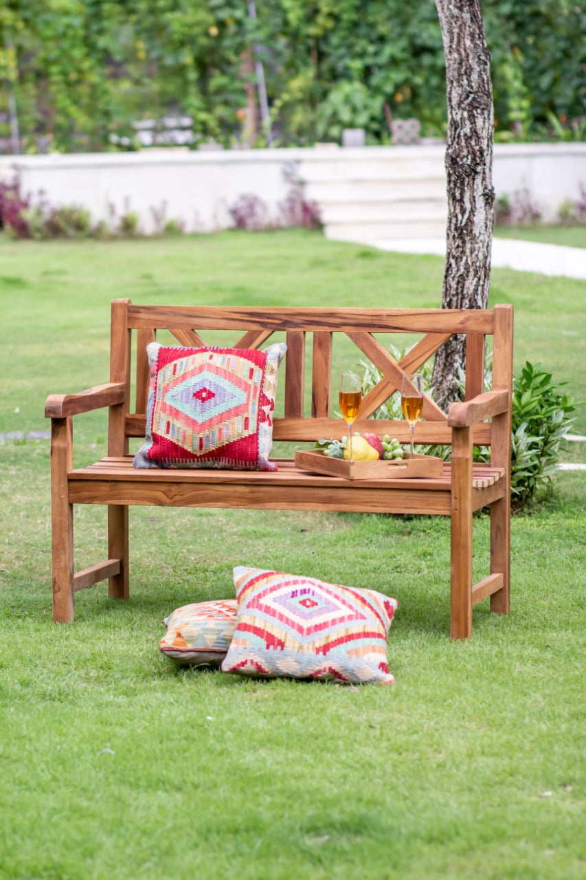 Teak bench Anja 2 – boho furniture, handwoven and handmade in Bali