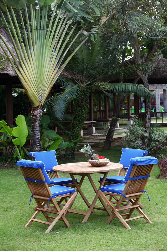 Boho solid teak chair Modena with blue cushion and table, set of 4, crafted by hand in Bali