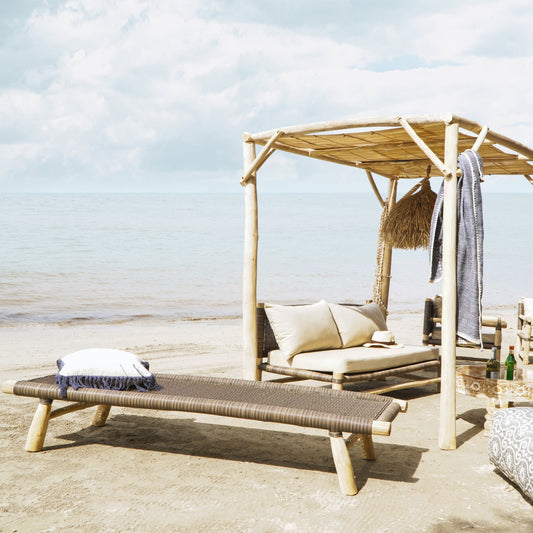 Boho solid teak and synthetic rattan sun lounger Gustavia, crafted by hand in Bali