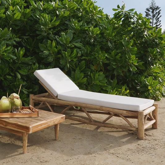 Boho solid teak sun lounger Gustavia with cushion, handcrafted in Bali