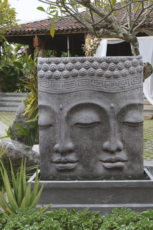 Boho fibre cement sculpture Buddha Double Face Water Fountain with pump, handmade in Bali
