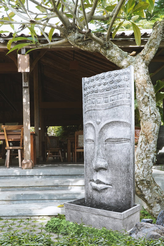 Boho fibre cement sculpture Buddha Long Face Water Fountain with pump, handmade in Bali