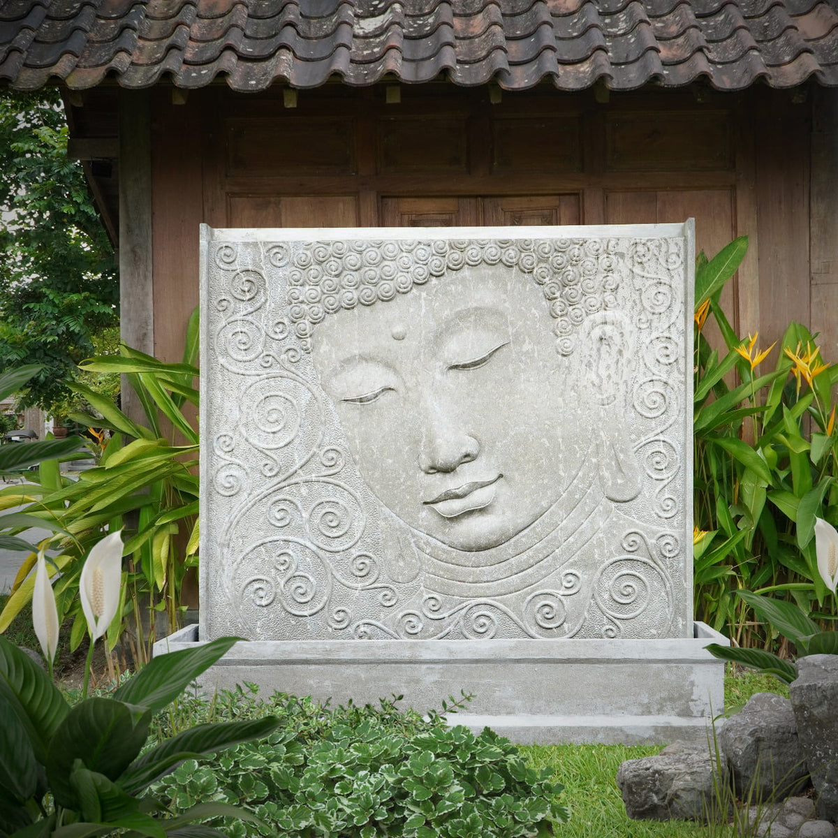 Fibre cement sculpture – Buddha Face, natural natural materials in boho style