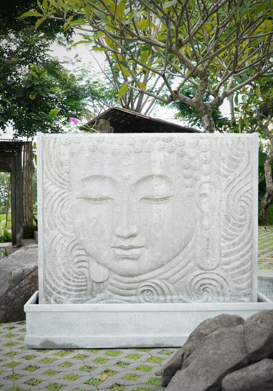Fibre cement sculpture Buddha Face – boho decor, handwoven and handmade in Bali