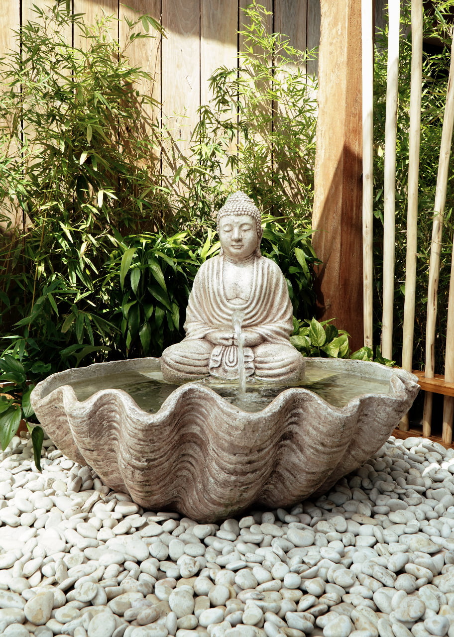 Handmade fibre cement water fountain – the Buddha Shell, boho decor made in Bali