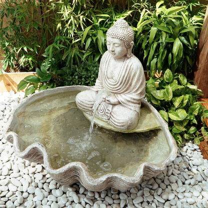 Fibre cement water fountain Buddha Shell – boho decor, handwoven and handmade in Bali
