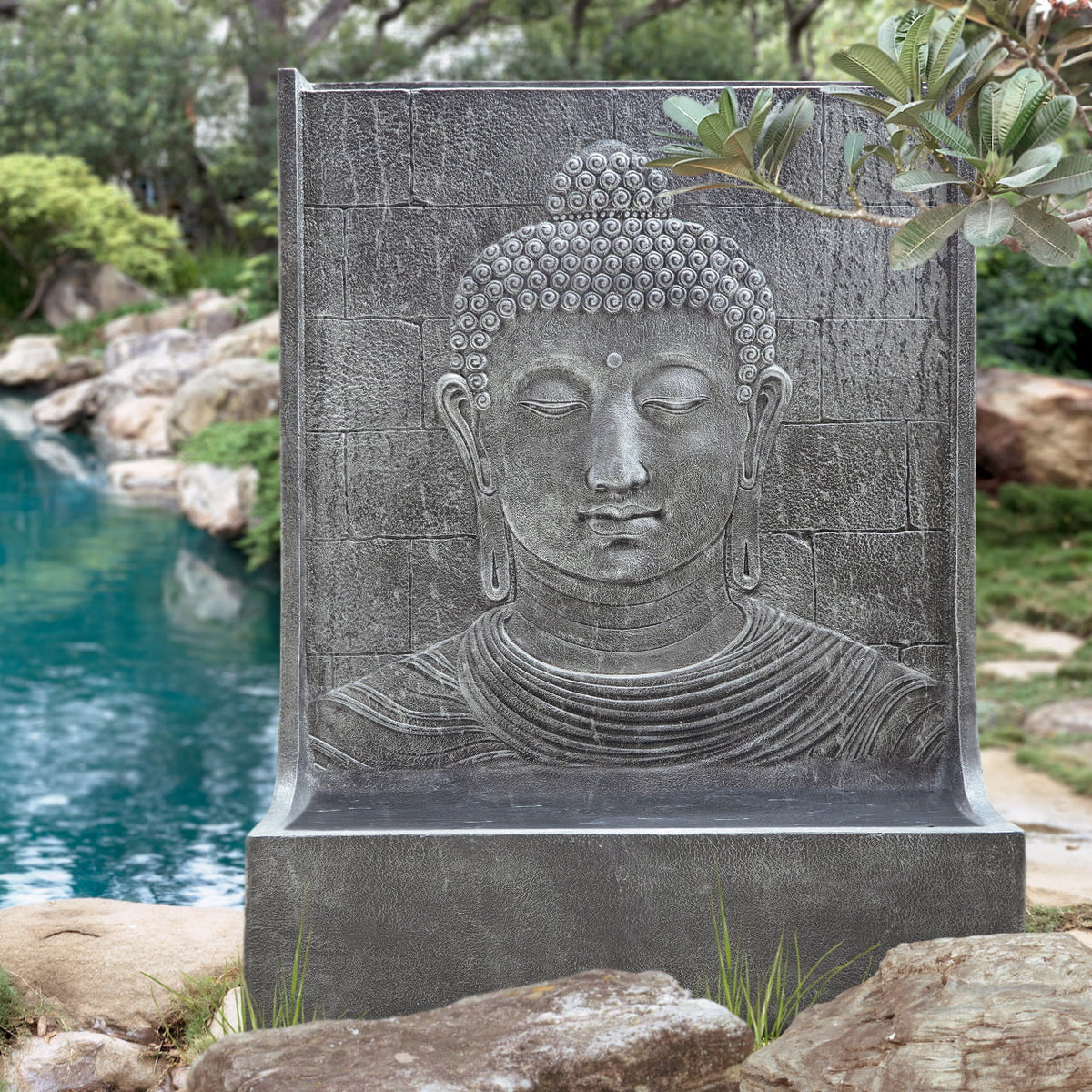 Fibre cement water fountain – Buddha Face, natural natural materials in boho style