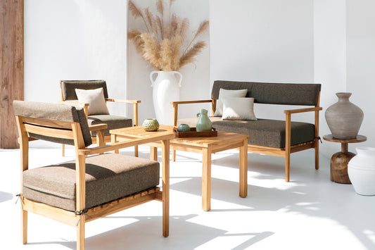 Boho solid teak and fabric living set Farren Four with cushion only for table, handcrafted in Bali