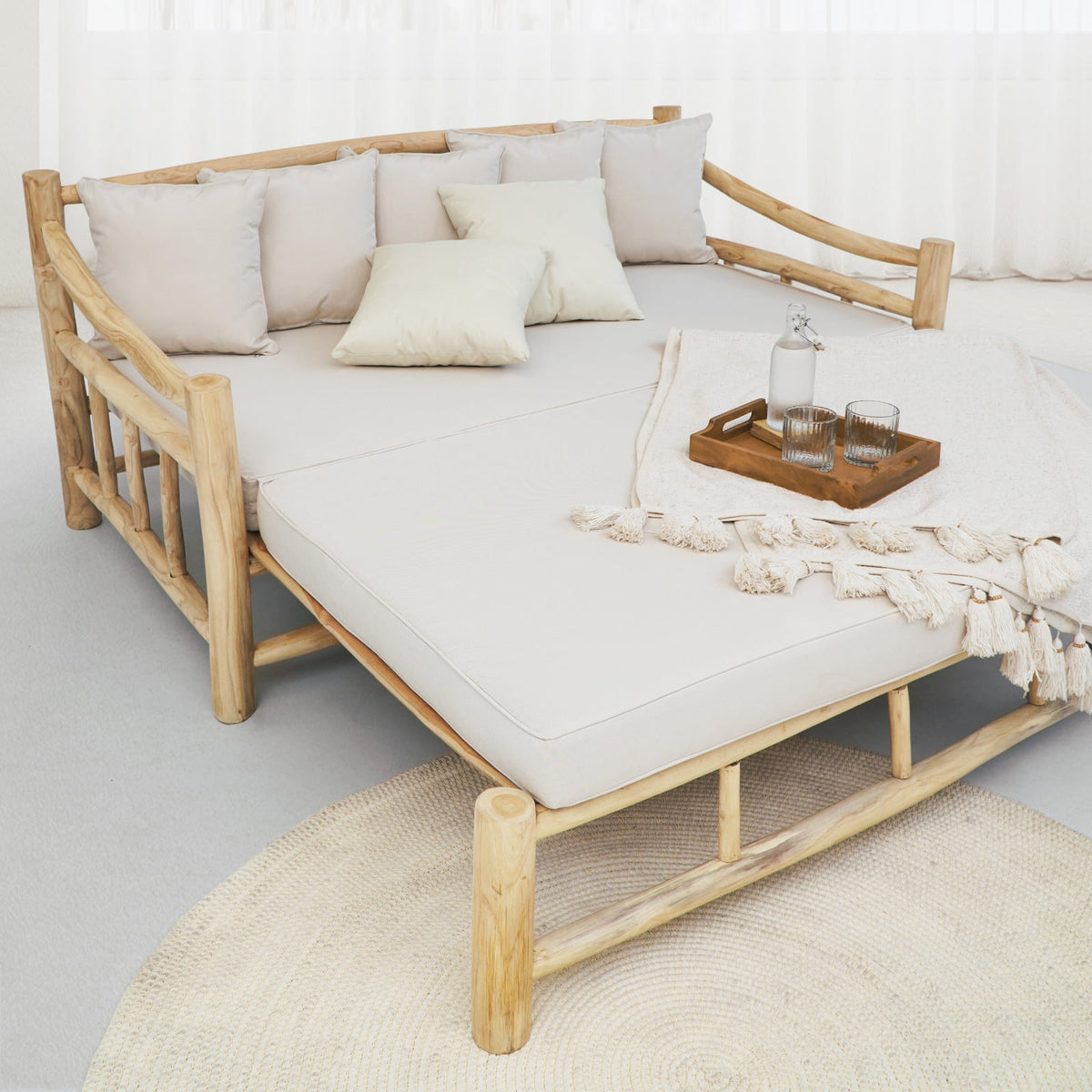 Teak sofa bed – Mayorca, natural natural materials in boho style