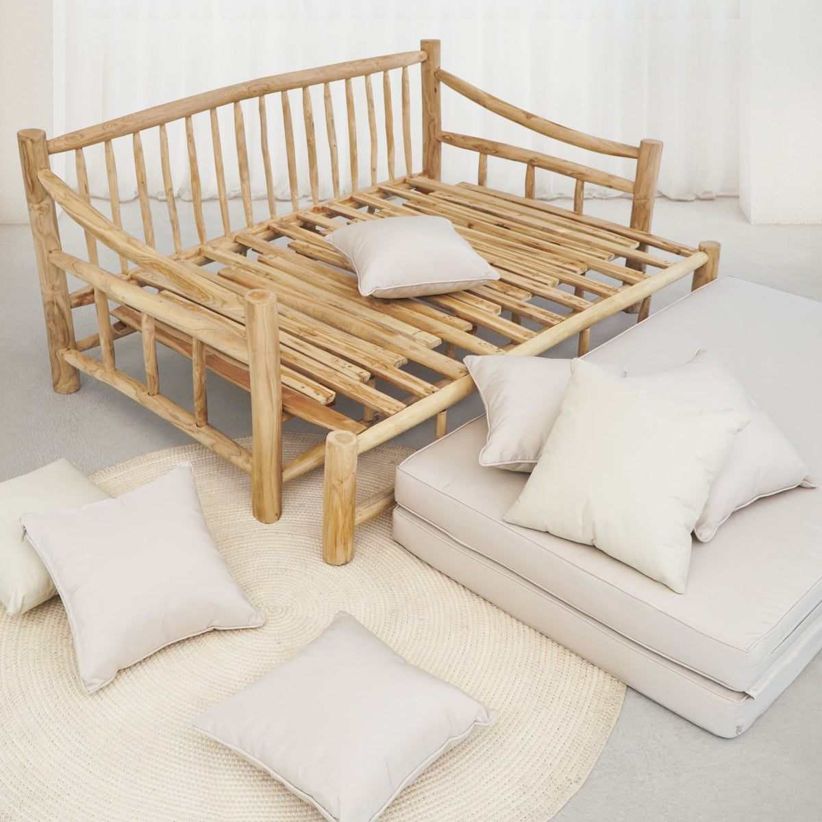 Mayorca sofa bed, boho furniture handmade by Balinese artisans
