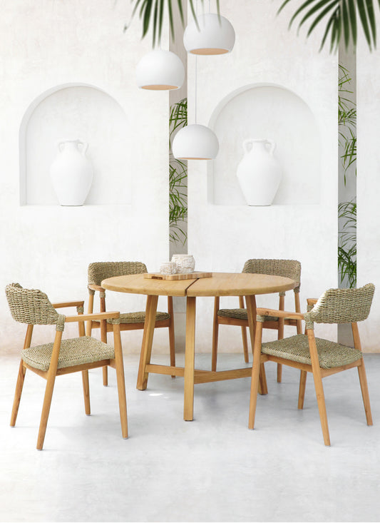 Boho solid teak table Chehoma Round with gap, handcrafted in Bali