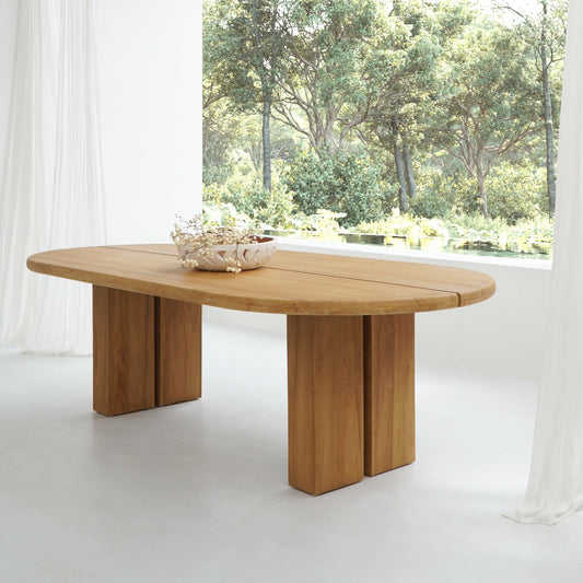 Boho solid teak dining table Lionel Oval with gap natural water based, crafted by hand in Bali
