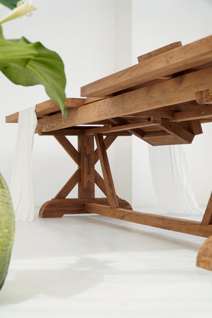 Recycled teak extension table Cross Leg – boho furniture, handwoven and handmade in Bali