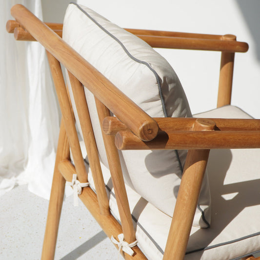 Solid teak dining armchair Patton with cushion, crafted by Balinese artisans