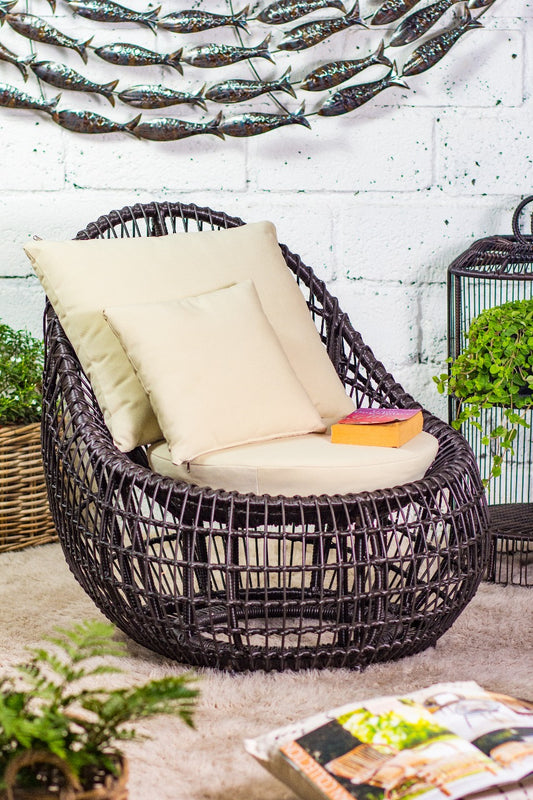 Boho synthetic rattan and metal chair Melody with seat back cushion, crafted by hand in Bali