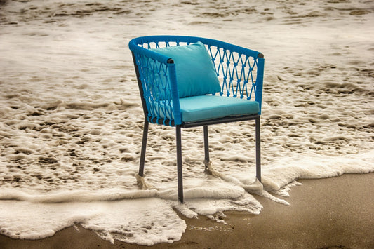 Boho rope and aluminium armchair Naxos with light blue cushion, handmade in Bali