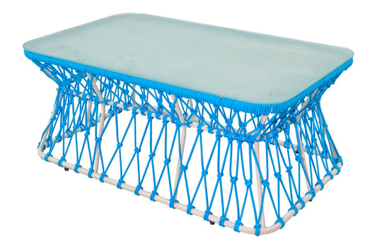 Boho rope and aluminium coffee table Naxos with glass top, handmade in Bali