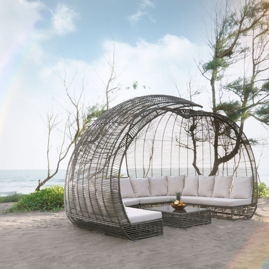 Boho synthetic rattan and aluminium daybed Amore with white cushion and 10 white pillows, handcrafted in Bali