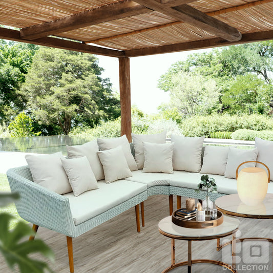 Boho solid teak and synthetic rattan living set Skal Corner with waterproof cushion, handmade in Bali